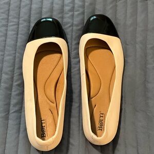 Born Two-Tone Ballet Flats in Cream with Black Patent Cap Toe